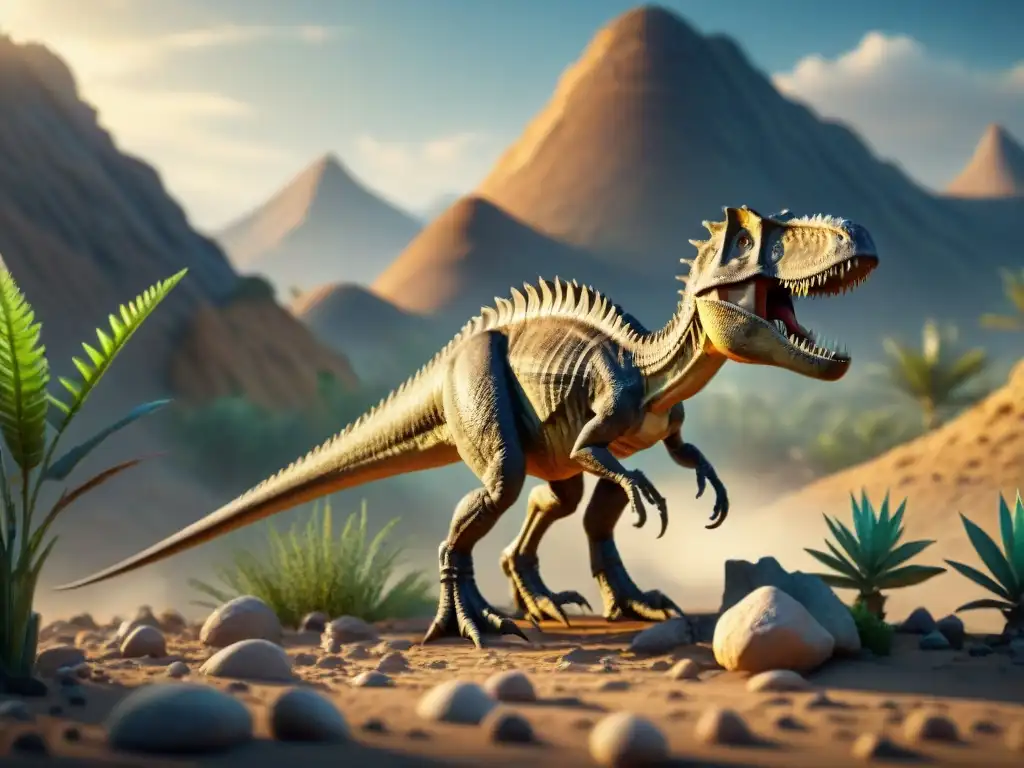 Esqueletos de dinosaurios: evolución en detalle Fosiles de dinosaurios en desierto rocoso, destacando estrategias de supervivencia de dinosaurios