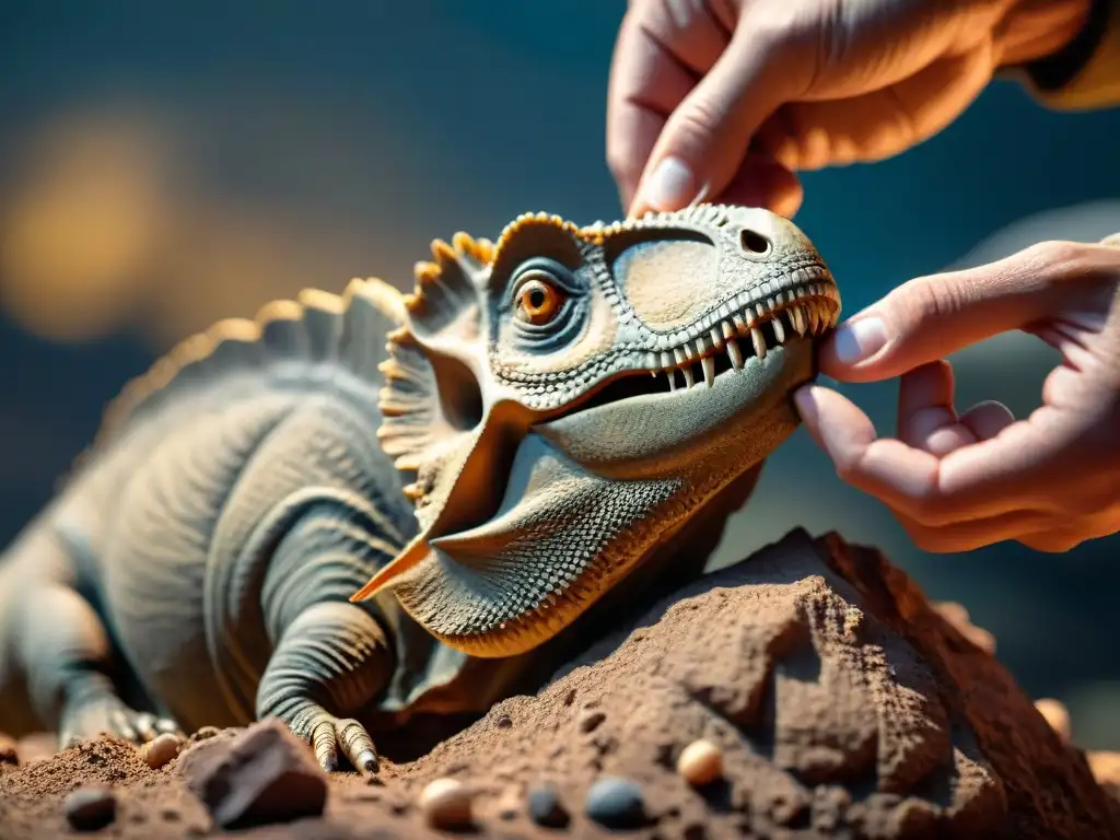 Extracción de hueso de dinosaurio: detallada labor paleontológica Formación fósiles: paleontólogo extrae con cuidado un hueso de dinosaurio de la roca, mostrando la delicada exploración científica