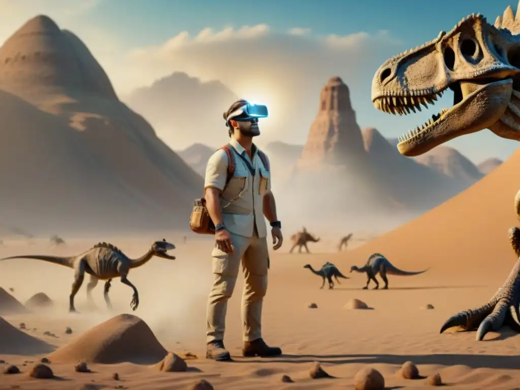 Excavación paleontológica con realidad aumentada en el desierto Paleontólogo usando gafas de realidad aumentada excava fósil de dinosaurio en desierto, con hologramas de VR