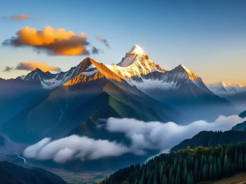 Esplendor dorado: atardecer en la majestuosa cordillera del Himalaya Los gigantes prehistóricos en el Himalaya emergen majestuosos bajo la puesta de sol dorada