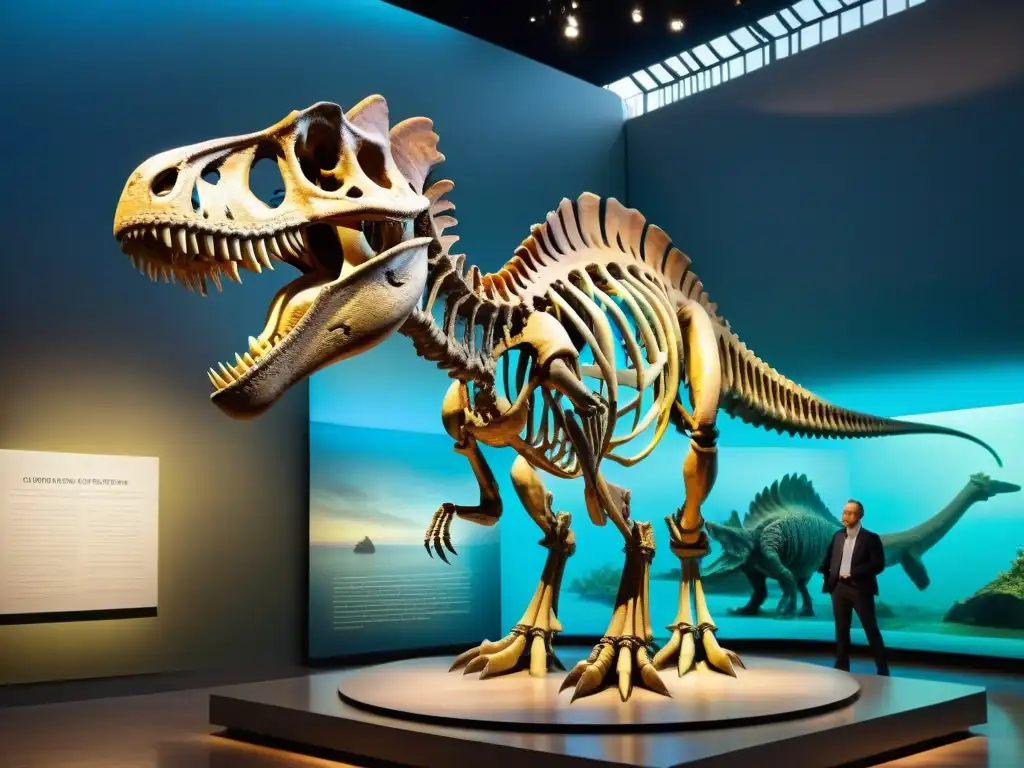 Esqueleto de dinosaurio marino prehistórico: majestuosidad y descubrimiento Un gigantesco esqueleto de dinosaurio marino prehistórico en un museo, iluminado tenue
