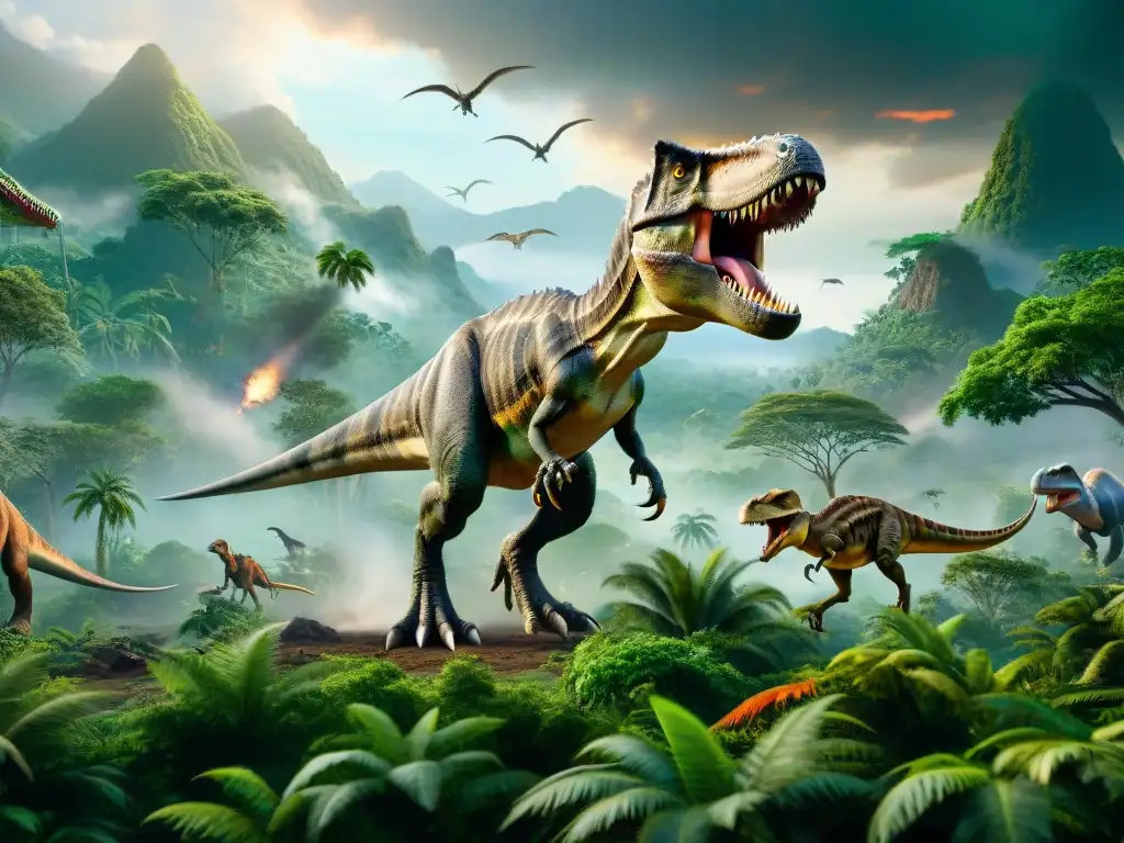 Jungla prehistórica con dinosaurios en 8k Grabaciones ambientales dinosaurios mundo perdido: Un paisaje prehistórico exuberante lleno de dinosaurios en su hábitat natural