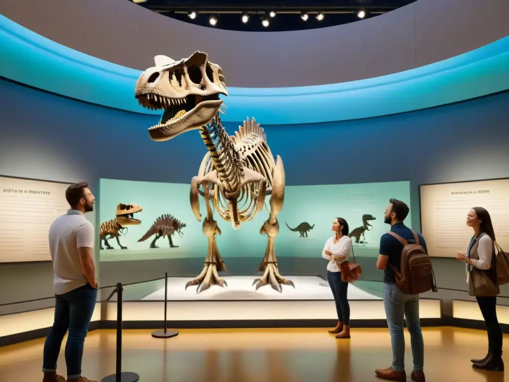 Un grupo de adultos asombrados frente al esqueleto de un dinosaurio en un museo de historia natural