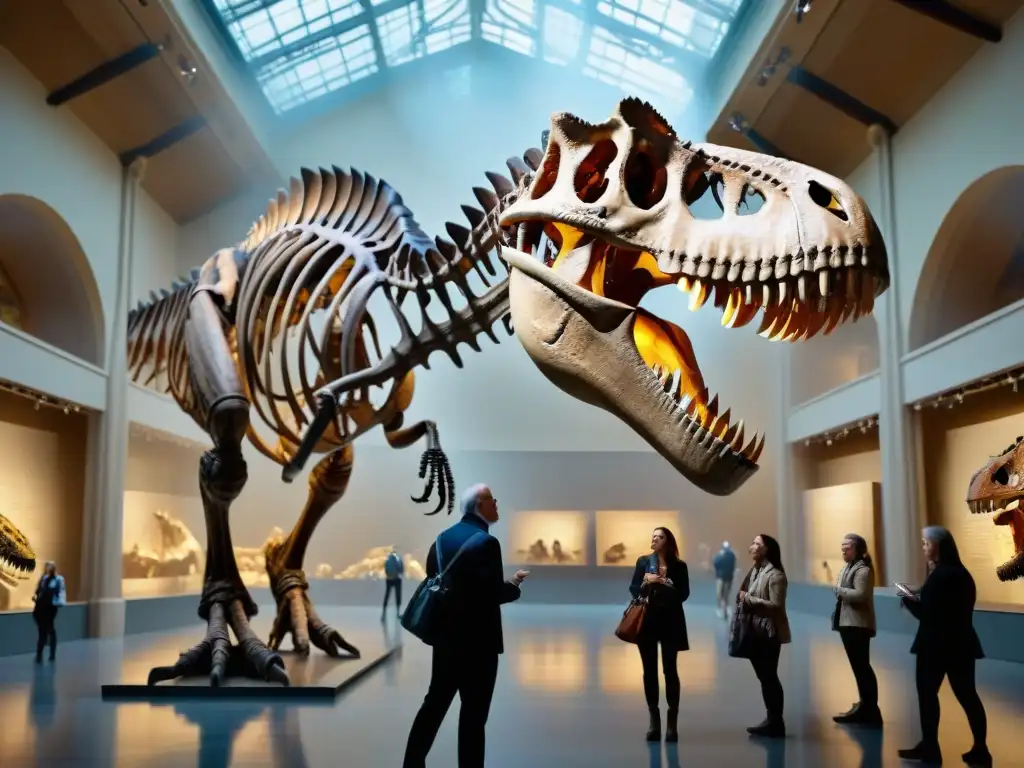 Un grupo de adultos se maravilla con el esqueleto de un Tyrannosaurus rex en un museo de historia natural