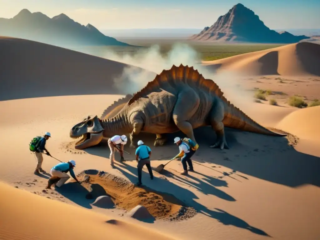Excavación detallada de fósiles de dinosaurios en el desierto Un grupo de paleontólogos amateurs excava fósiles de dinosaurios en el desierto, reportando hallazgos en línea