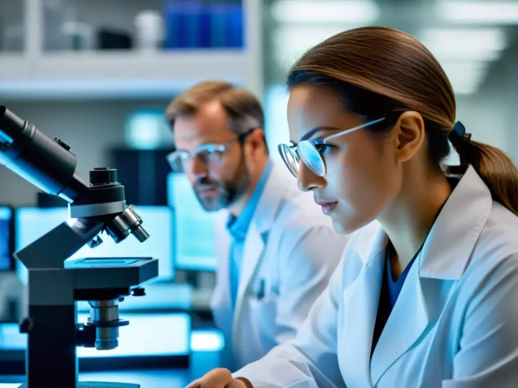 Análisis de ADN prehistórico: científicos en laboratorio de vanguardia Un grupo de científicos analiza muestras de ADN prehistórico con microscopios de alta tecnología