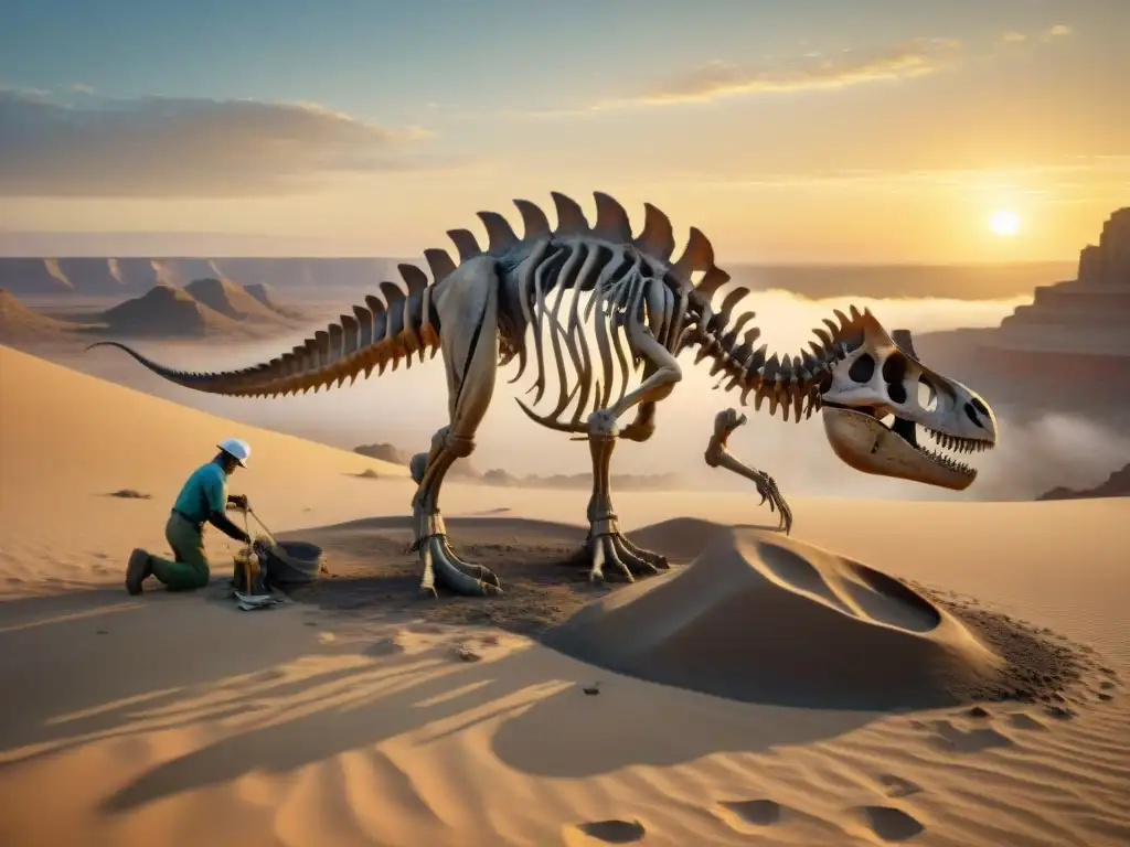 Excavación de fósiles al atardecer: descubrimientos en el desierto Un grupo de paleontólogos excavando con cuidado un esqueleto de dinosaurio al atardecer en el desierto