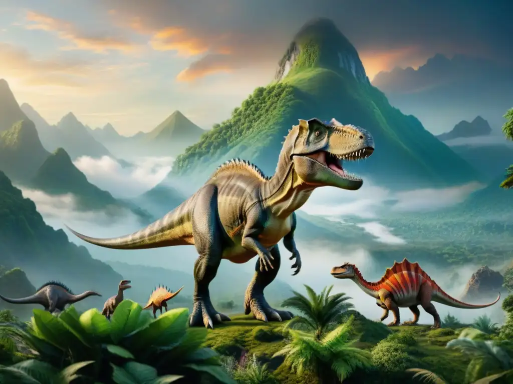 Especies de dinosaurios en paisaje prehistórico Un grupo de dinosaurios con adaptaciones climáticas extraordinarias recorren un paisaje prehistórico asombroso