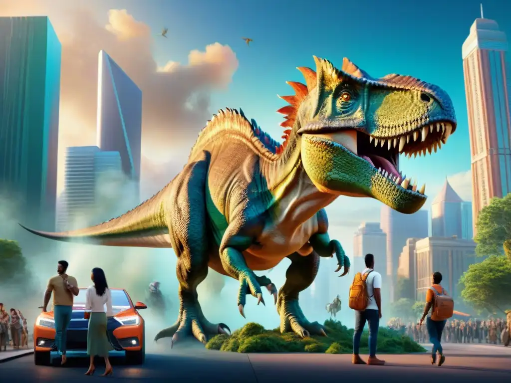 Grupo de dinosaurios animados sorprendiendo en la ciudad, en campañas publicitarias con dinosaurios
