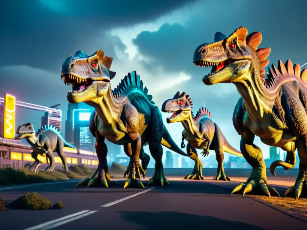 Un grupo de dinosaurios en arte conceptual biomecánico recorriendo una ciudad postapocalíptica con luces de neón, bajo un cielo ominoso