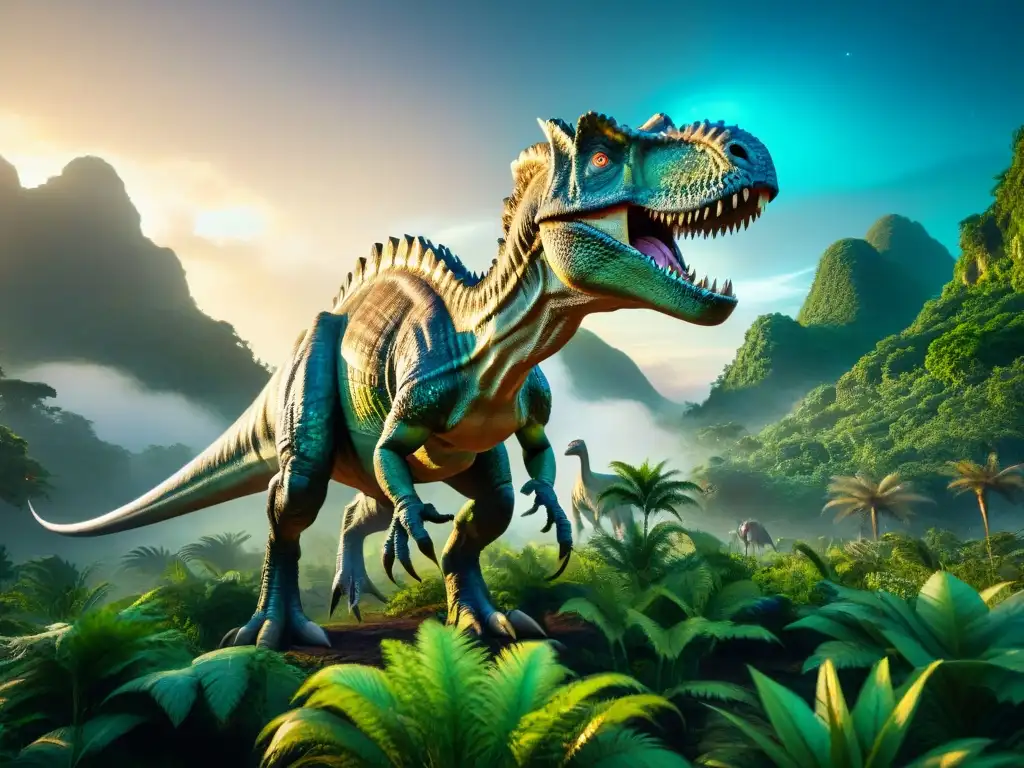 Un grupo de dinosaurios futuristas y biomecánicos en un exuberante y misterioso entorno alienígena