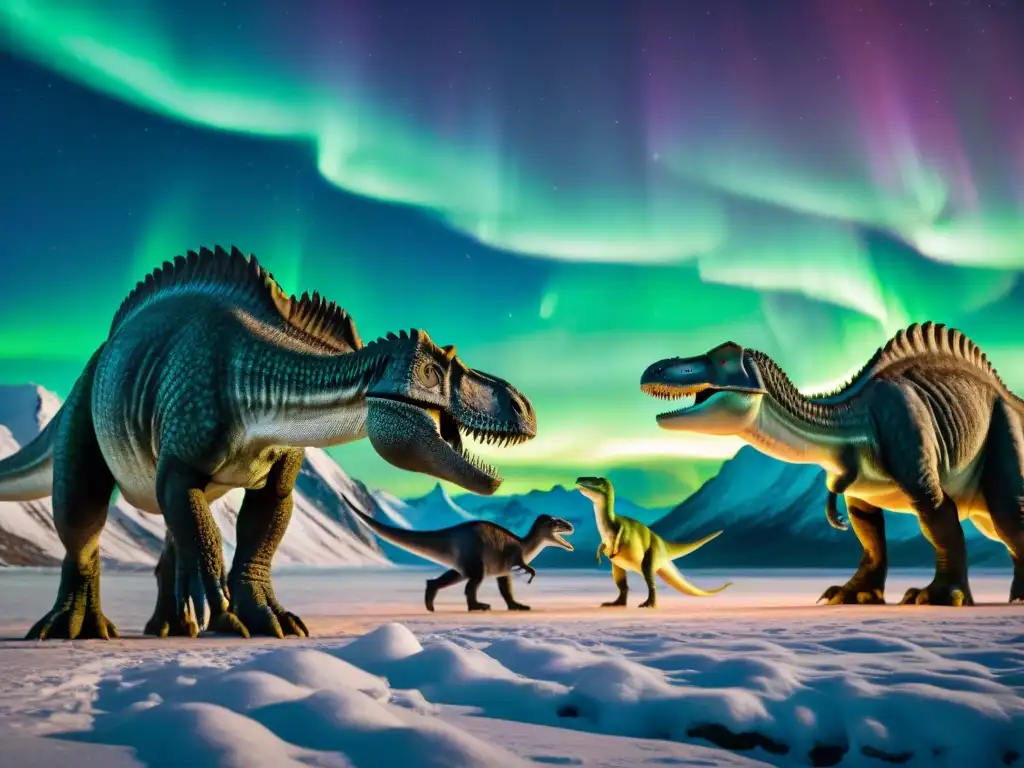 Un grupo de dinosaurios polares sobrevive en la oscuridad del Ártico bajo la aurora boreal, mostrando un paisaje prehistórico de supervivencia