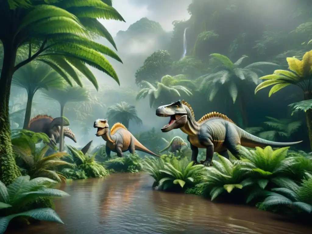 Dinosaurios prehistóricos bajo un dosel en tormenta Un grupo de dinosaurios prehistóricos se refugia bajo un frondoso dosel durante un aguacero, destacando sus adaptaciones climáticas extraordinarias