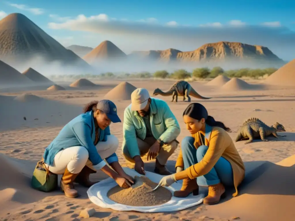 Excavación de fósiles de dinosaurios: científicos ciudadanos en acción Grupo diverso de científicos ciudadanos interactuando en un yacimiento de fósiles de dinosaurios en el desierto