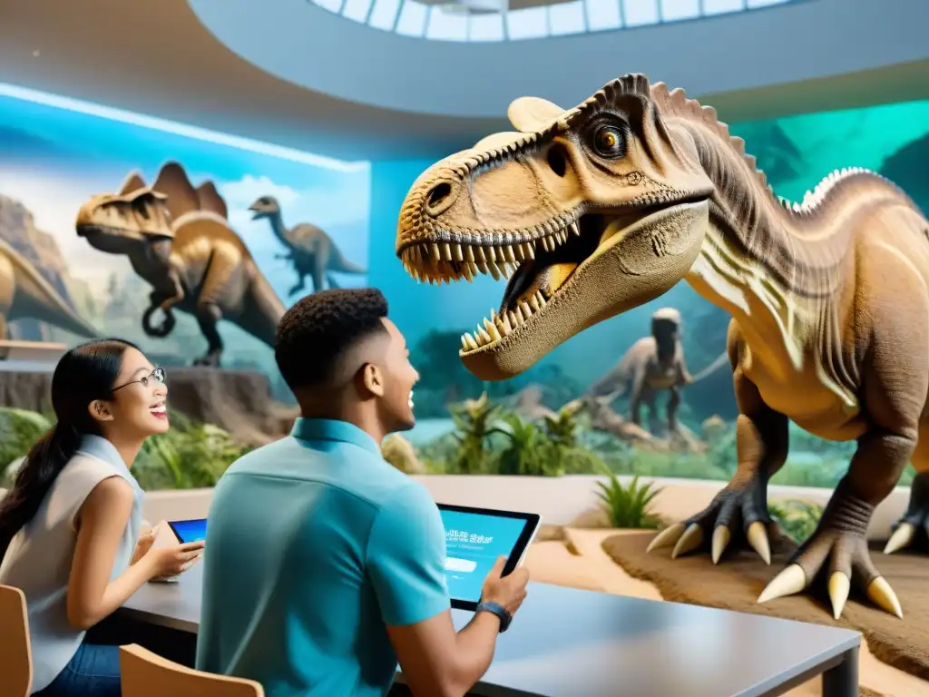 Exploración digital en aula de paleontología Grupo diverso de estudiantes entusiastas en aula de paleontología, interactuando con software educativo