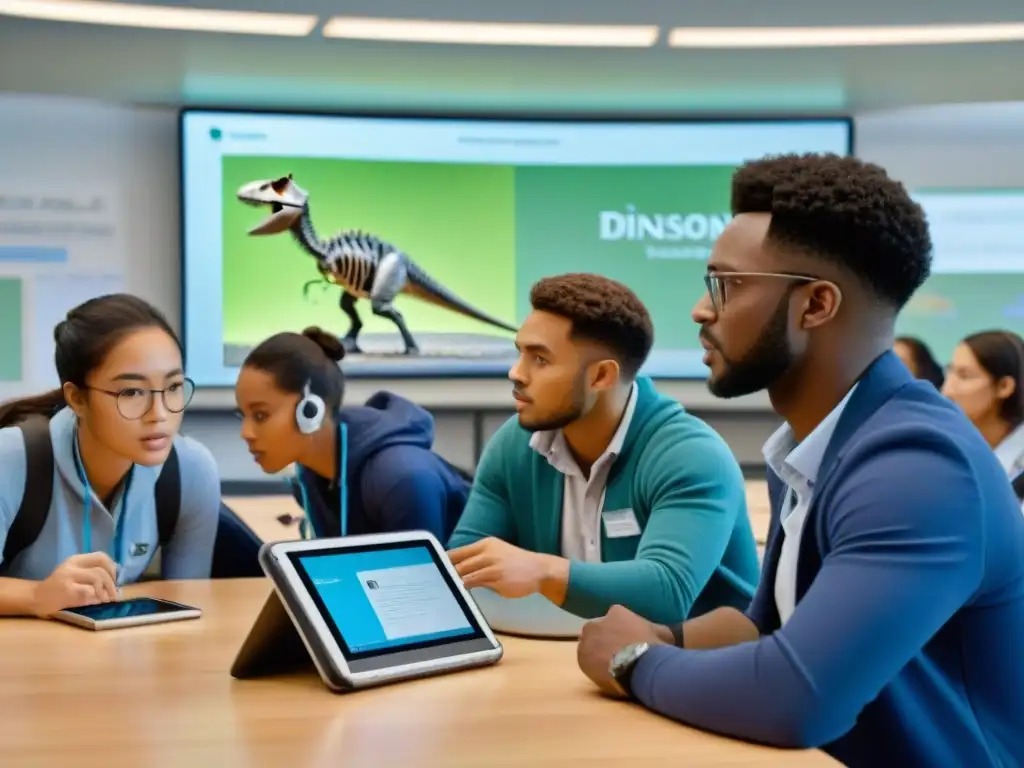 Simulación de paleontología digital: estudiantes entusiastas en aula tecnológica Grupo diverso de estudiantes entusiastas colaborando en una simulación de paleontología digital en un aula moderna
