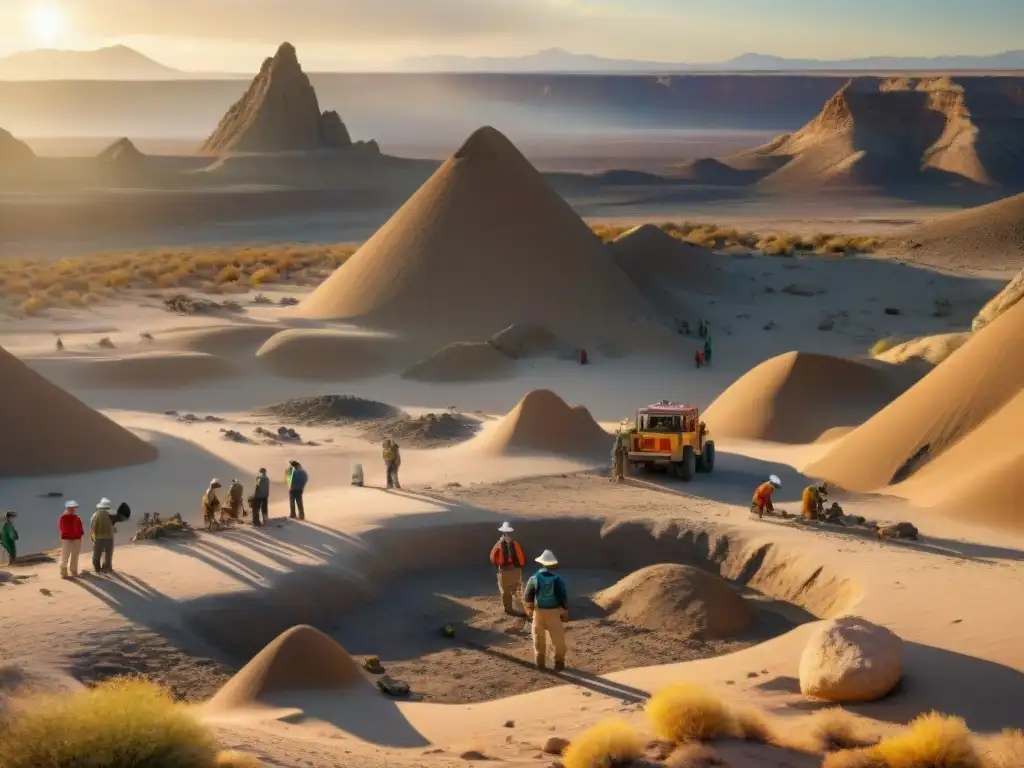 Excavación de fósiles al atardecer: colaboración entre generaciones Un grupo diverso de personas excava fósiles al atardecer en el desierto