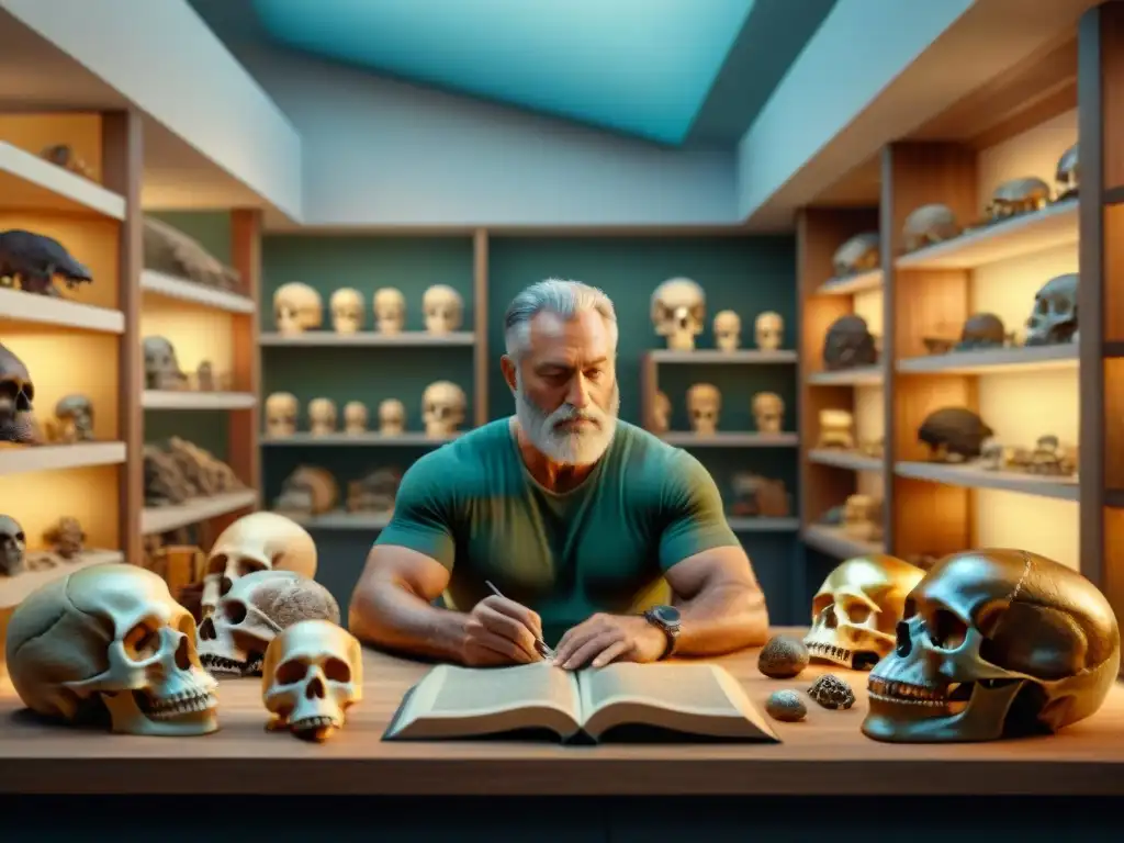 Intensa precisión: paleoartistas recrean escena prehistórica Grupo de paleoartistas recreando escena prehistórica con detalle, rodeados de libros y fósiles, reflejando tendencias paleoarte próx