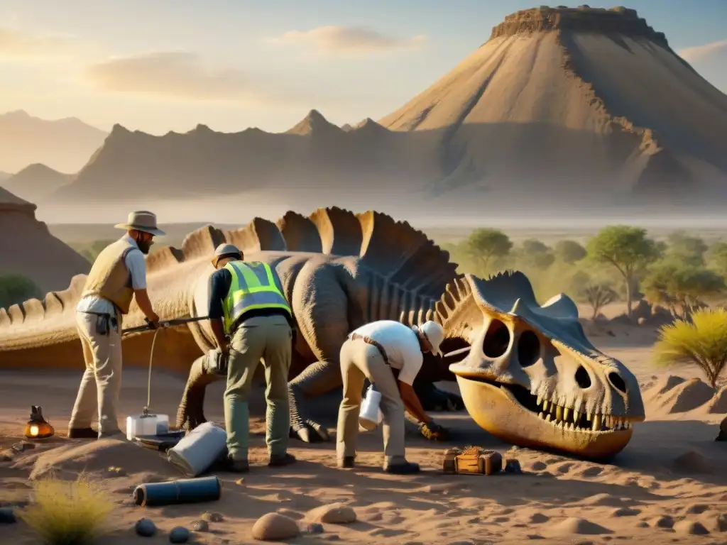 Un grupo de paleontólogos excava un esqueleto de dinosaurio al atardecer en el desierto