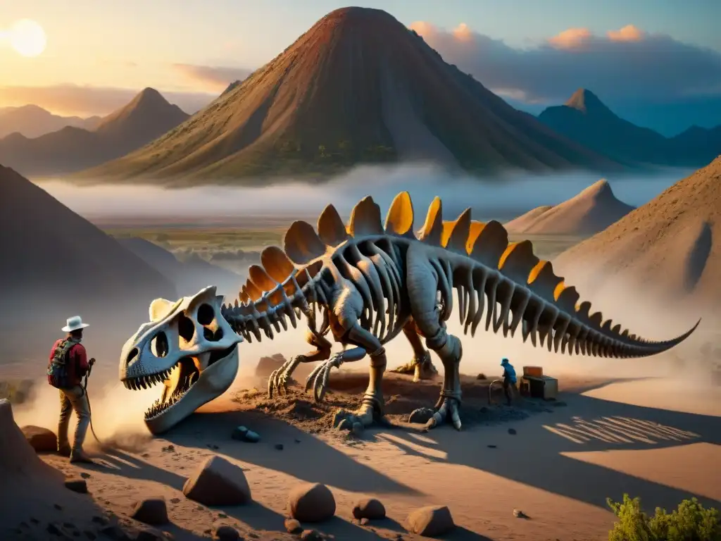 Excavación de fósiles al atardecer: paleontólogos desenterrando un esqueleto de dinosaurio Grupo de paleontólogos excavando un esqueleto de dinosaurio al atardecer, fusionando herramientas modernas y tradicionales
