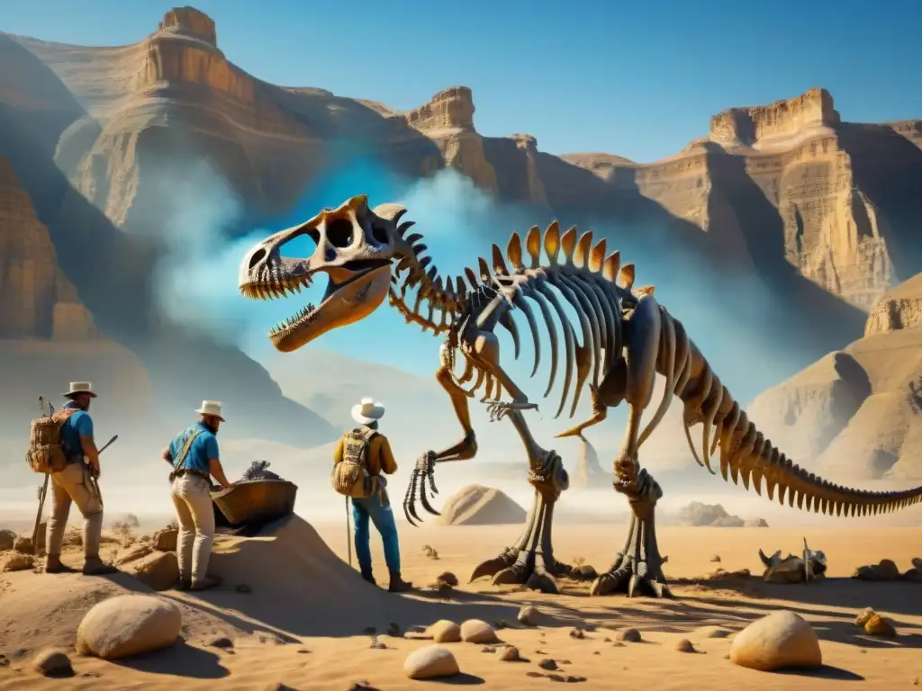 Excavación paleontológica: descubriendo historia en el desierto Grupo de paleontólogos excavando un esqueleto de dinosaurio en el desierto, con precisión científica y descubrimiento en bruto