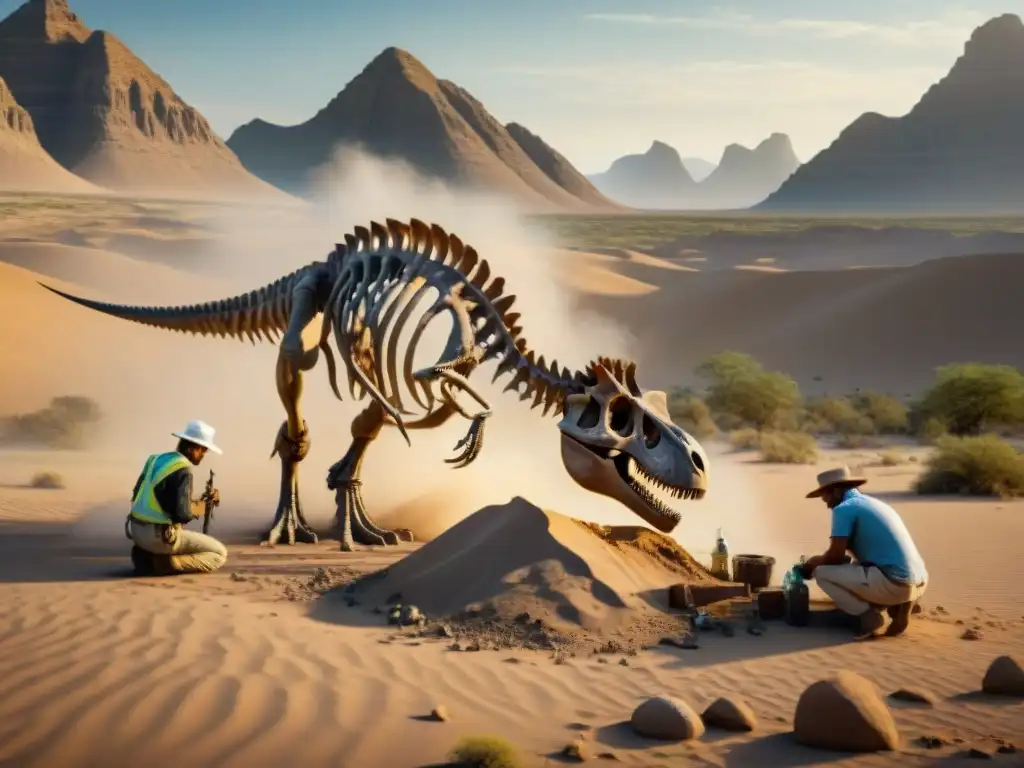 Excavación paleontológica: desenterrando secretos milenarios Grupo de paleontólogos excavando un esqueleto de dinosaurio en desierto remoto, mostrando su dedicación y precisión