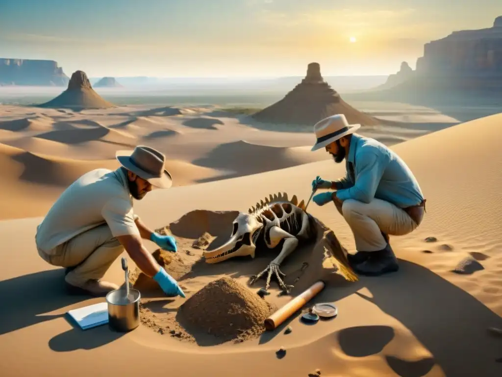 Excavación de dinosaurios: científicos en el desierto Un grupo de paleontólogos excavando un esqueleto de dinosaurio en un desierto remoto