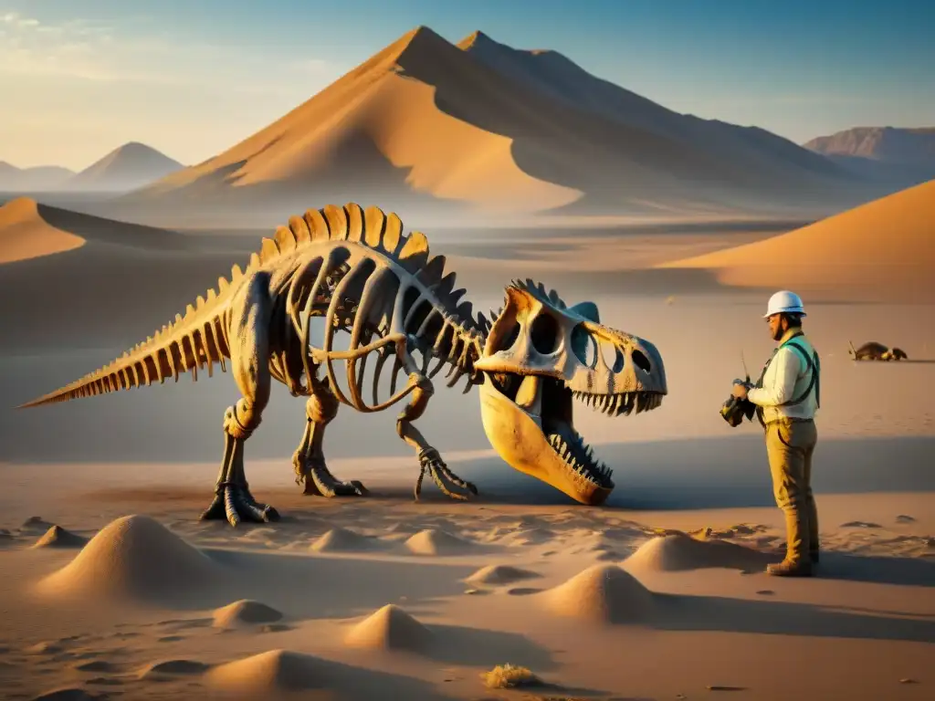 Un grupo de paleontólogos excava un esqueleto de dinosaurio en el desierto del Gobi al atardecer, destacando detalles y herramientas
