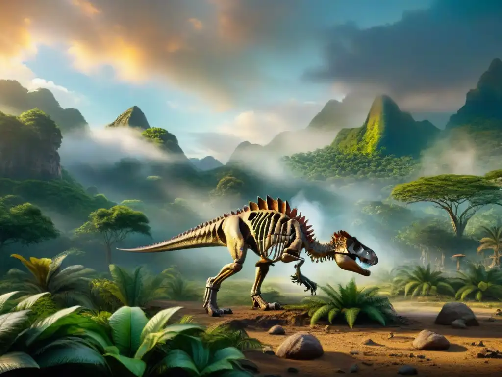 Descubrimiento paleontológico: excavación de fósil en Jurassic Park Un grupo de paleontólogos descubre un esqueleto de dinosaurio en un paisaje prehistórico detallado y realista