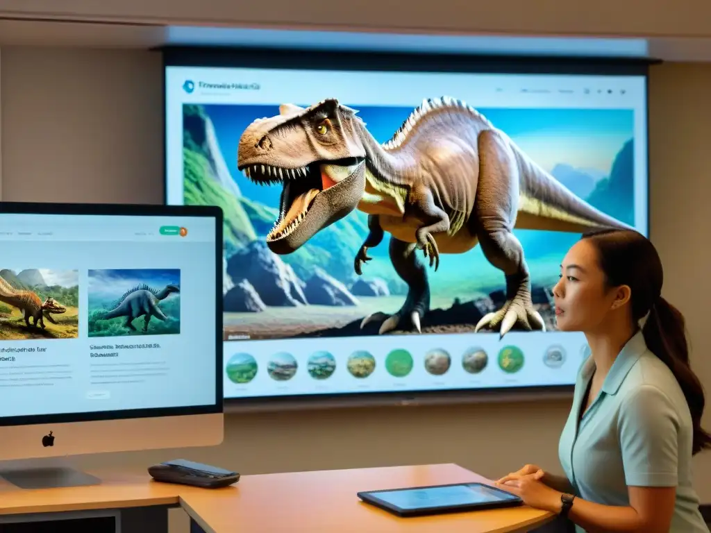 Estudiantes entusiastas exploran software paleontológico de vanguardia Grupo de estudiantes entusiastas usando software en paleontología educativa en aula con fósiles 3D