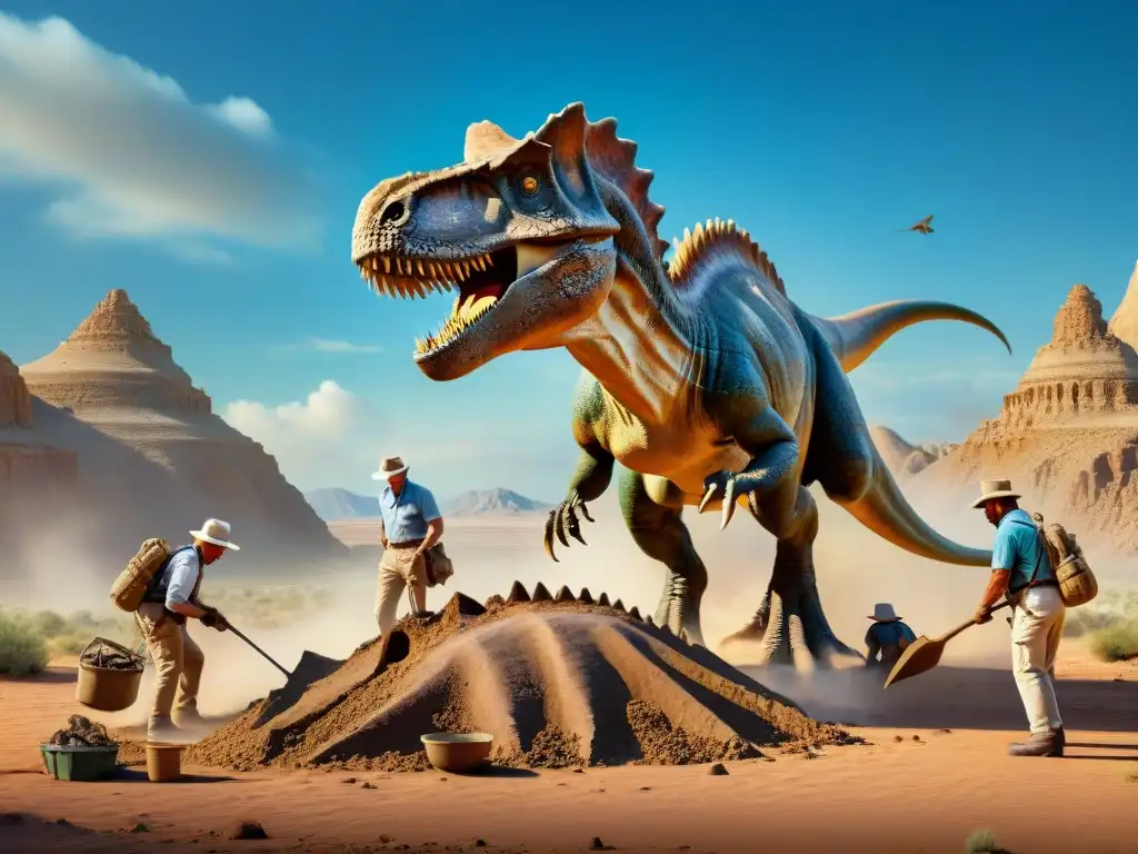 Excavación detallada de fósil de dinosaurio por expertos en paleontología Grupo de expertos en paleontología de dinosaurios excavando con detalle un fósil masivo en un remoto desierto
