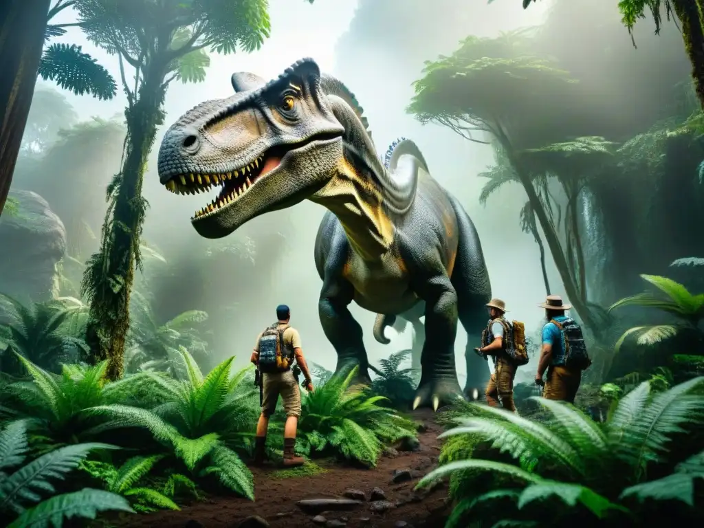 Un grupo de exploradores en la jungla prehistórica se maravilla ante un pacífico Brachiosaurio