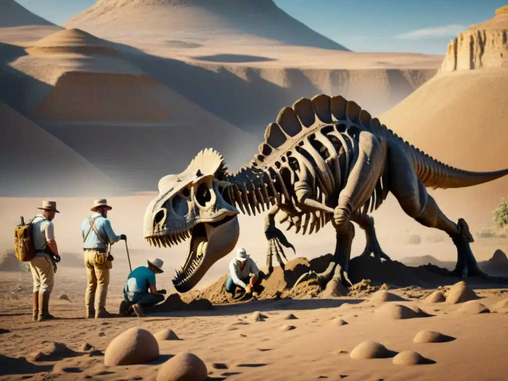 Grupo de paleontólogos excavando un fósil de dinosaurio en desierto