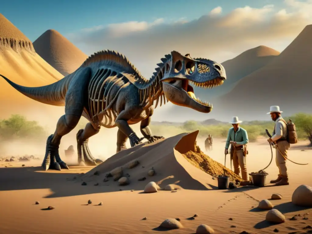 Excavación paleontológica: Descubrimiento en el desierto Grupo de paleontólogos excavan un fósil de dinosaurio en el desierto