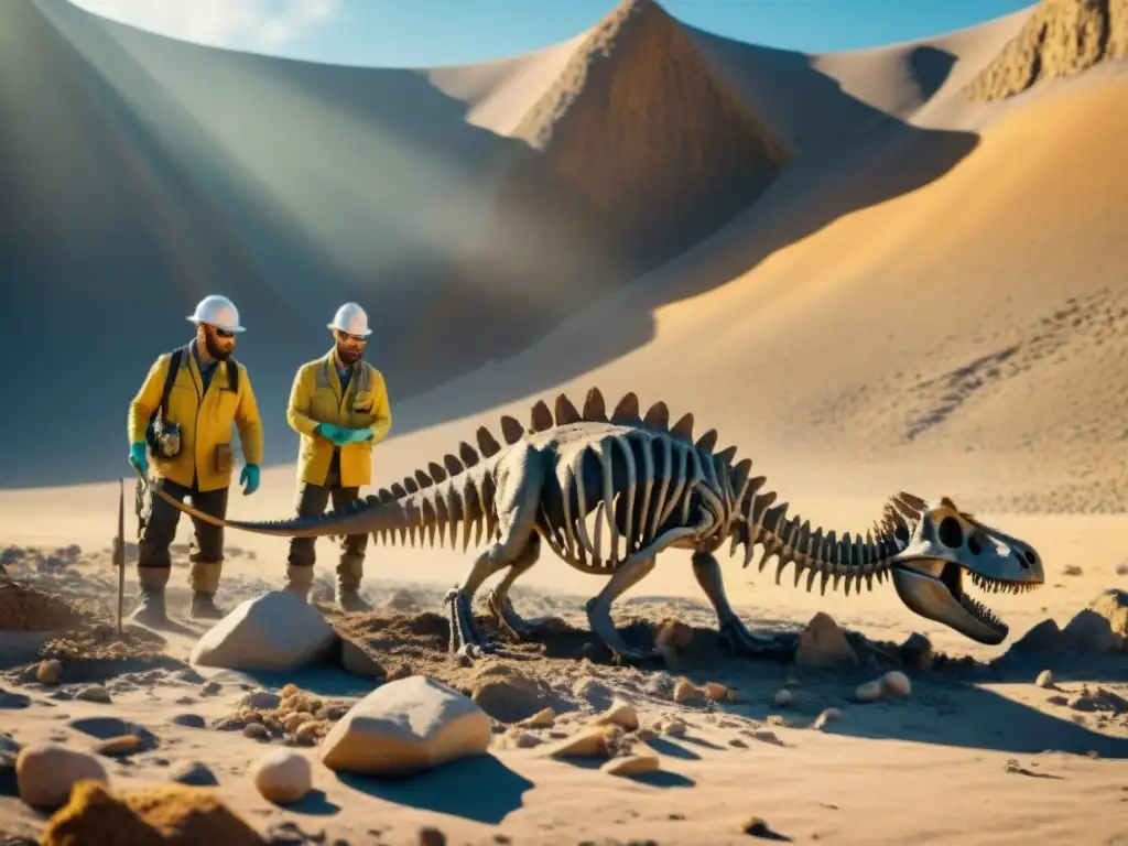 Un grupo de paleontólogos excava un fósil de T-Rex bajo el sol, con herramientas