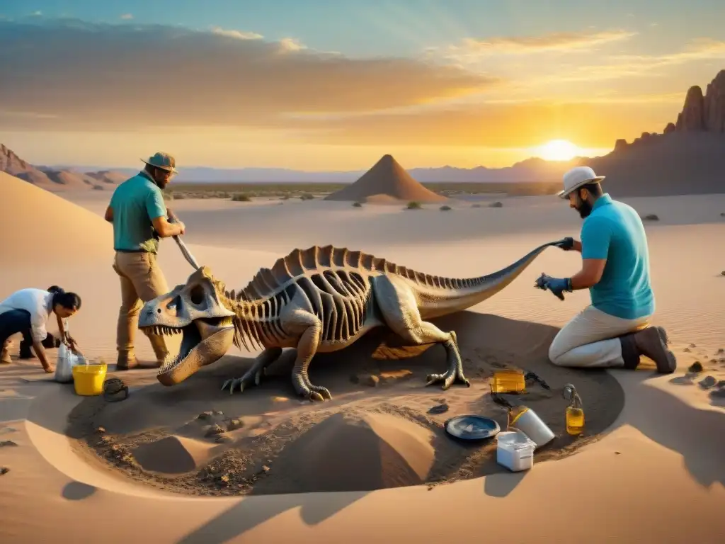 Excavación de fósiles: ciencia y asombro en el desierto Grupo de paleontólogos excavando fósiles al atardecer en el desierto