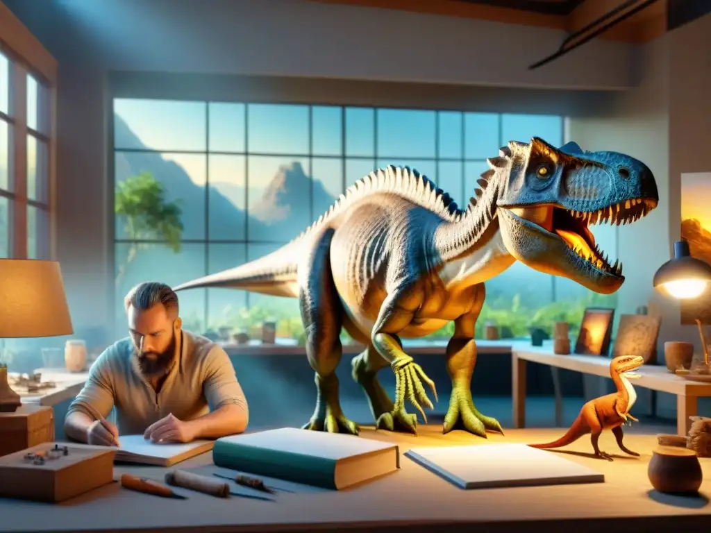 Intensa pasión: paleoartistas recrean criaturas prehistóricas Grupo de paleoartistas inmersos en su pasión por reconstruir criaturas prehistóricas en un taller, tendencias paleoarte próx
