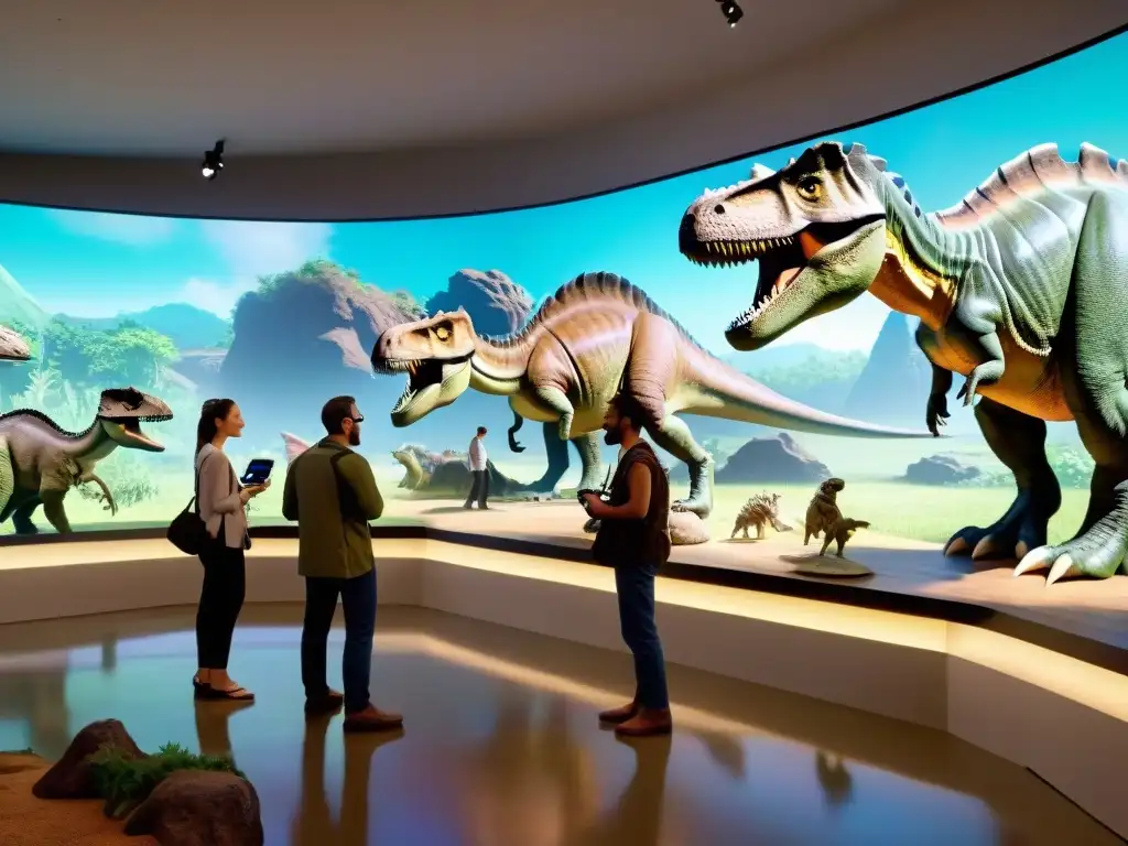 Artistas paleo con tecnología crean dinosaurios digitales Grupo de paleoartistas inmersos en paleoarte en tecnología wearable, creando paisajes prehistóricos con dinosaurios