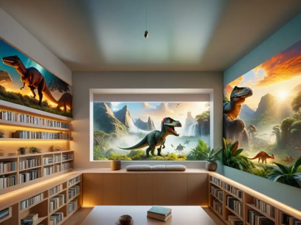 Un grupo de paleoartistas pintando un mural prehistórico detallado con dinosaurios, rodeados de libros y referencias