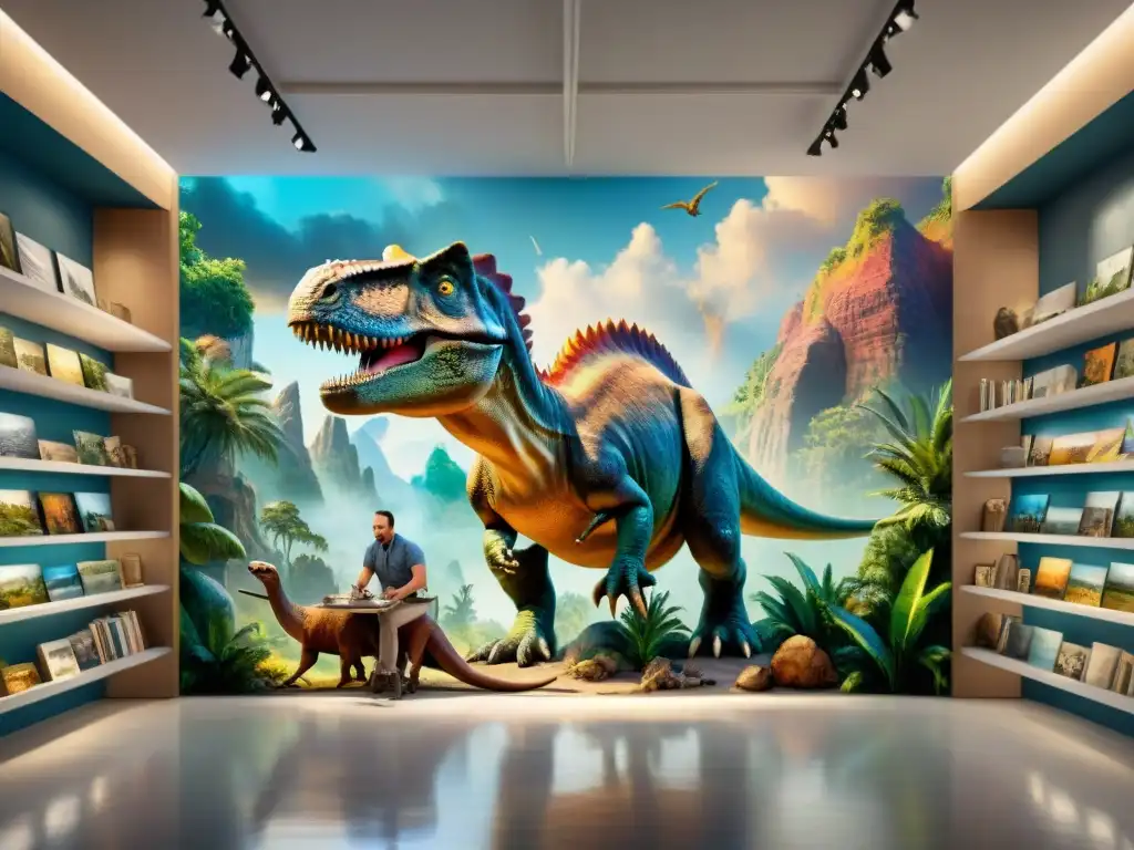 Paleoartistas crean mural prehistórico en 8k Un grupo de paleoartistas pintando un mural prehistórico vibrante y dinámico con dinosaurios