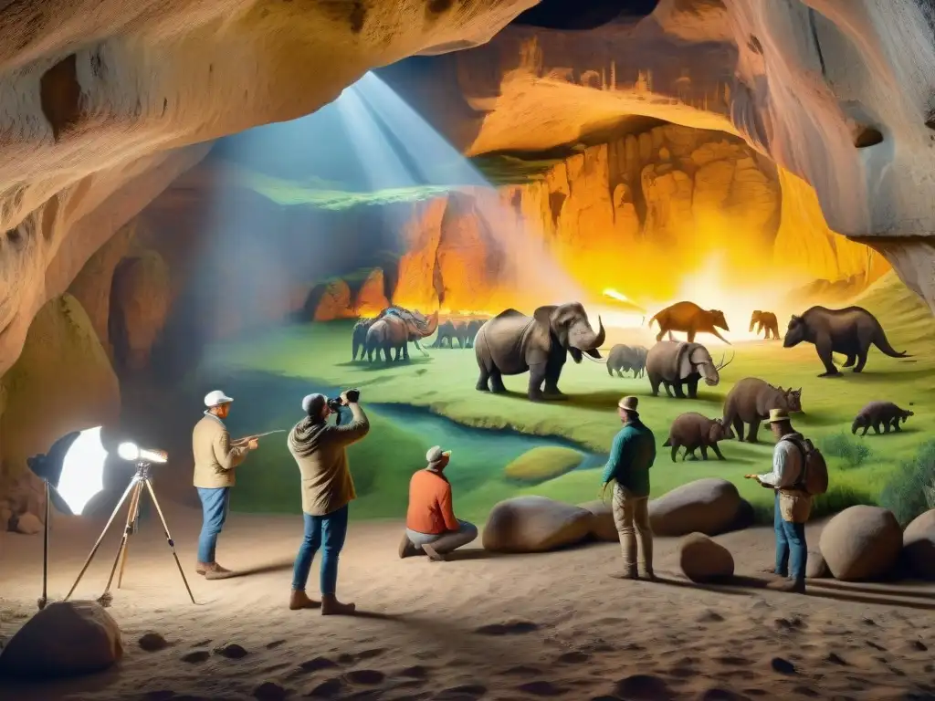 Paleoartistas creando mural prehistórico con pasión Un grupo de paleoartistas pintando un mural realista en una cueva con técnicas de iluminación en paleoarte