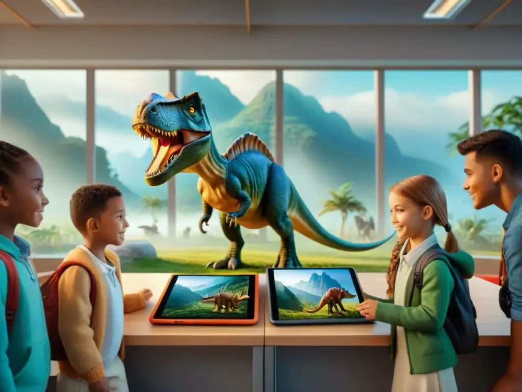 Niños explorando dinosaurios en tablets en aula educativa Un grupo de niños se maravilla con apps de dinosaurios en un aula iluminada por luz natural