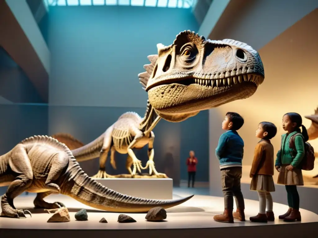 Excitante explicación de fósiles de dinosaurios para niños en museo Grupo de niños escuchando con asombro a un paleontólogo en un museo, rodeados de fósiles de dinosaurios