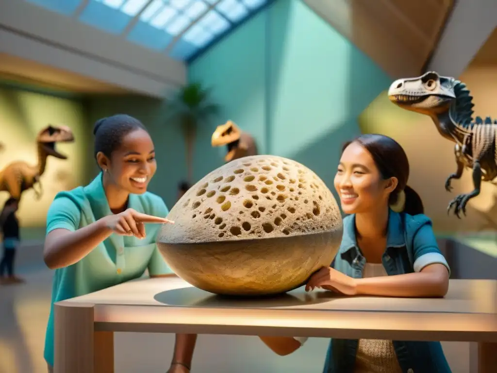 Un grupo de niños curiosos rodea a una paleontóloga en un museo, señalando un huevo de dinosaurio fosilizado