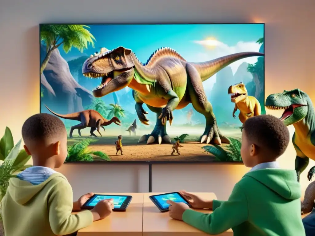 Un grupo de niños diversos usando con entusiasmo apps educativas sobre dinosaurios en una aula moderna y luminosa