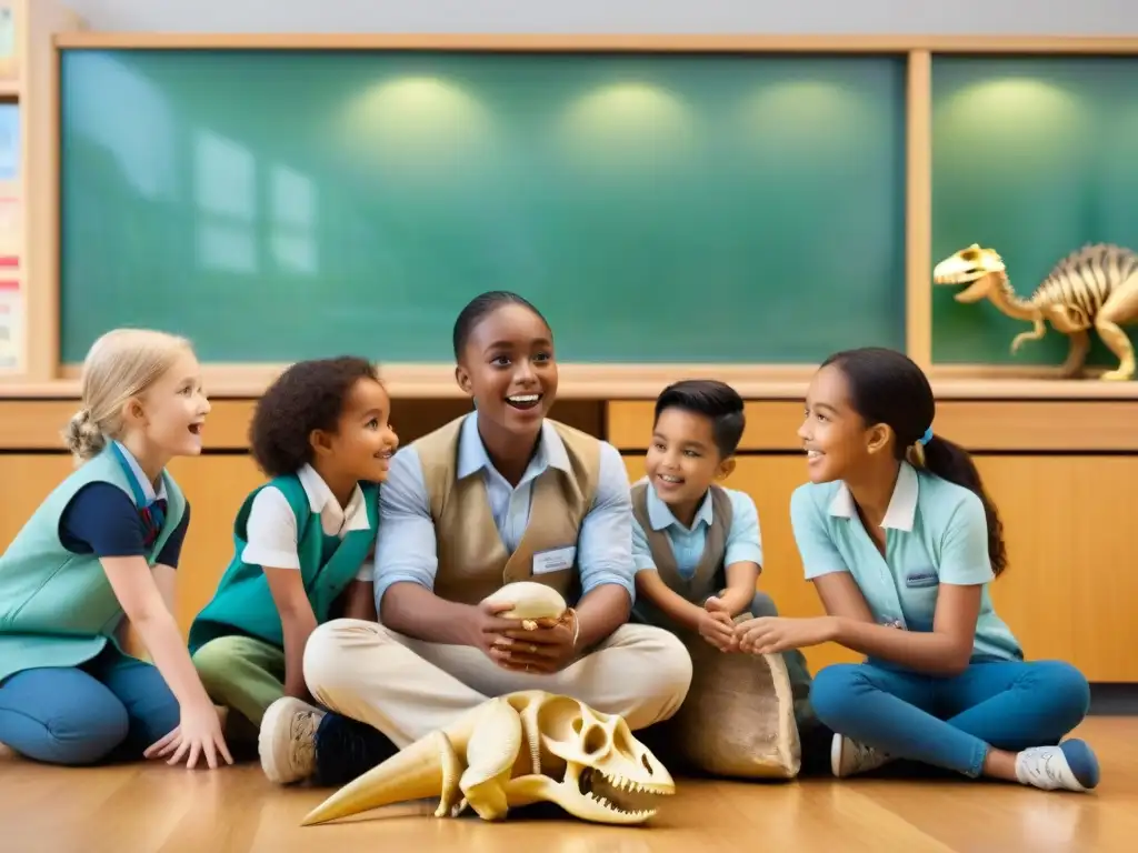 Descubre el fascinante mundo de los dinosaurios con un paleontólogo experto Un grupo de niños diversos escucha fascinado a un paleontólogo contar sobre dinosaurios en un aula educativa