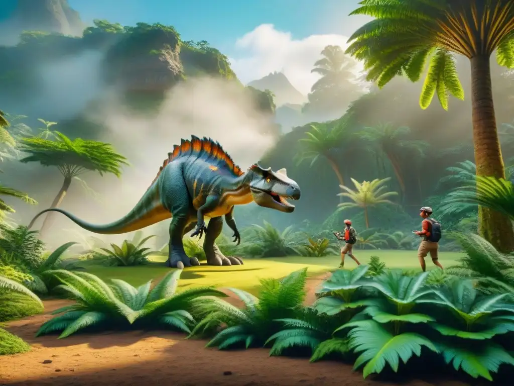 Un grupo de niños interactúa con dinosaurios en realidad aumentada en un entorno prehistórico