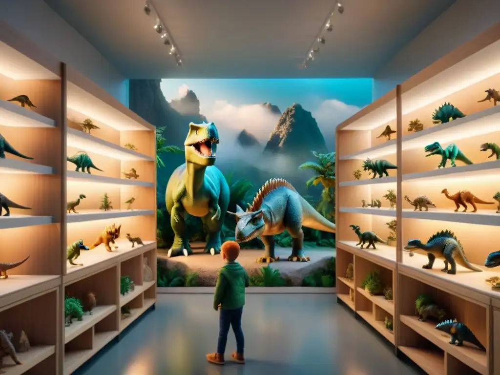 Niños maravillados por realistas dinosaurios en colección educativa Un grupo de niños maravillados explorando figuras de dinosaurios realistas en una habitación iluminada