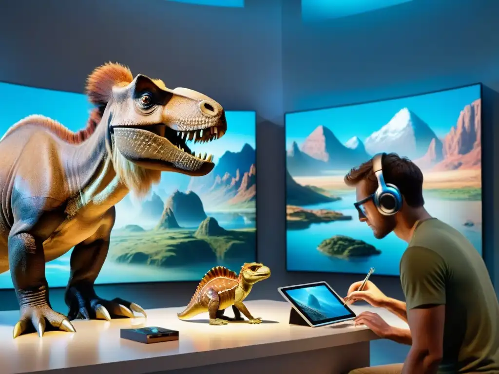 Artistas paleo innovadores crean escenas prehistóricas con tecnología avanzada Grupo de paleoartistas innovadores inmersos en la creación de escenas prehistóricas utilizando tecnología wearable