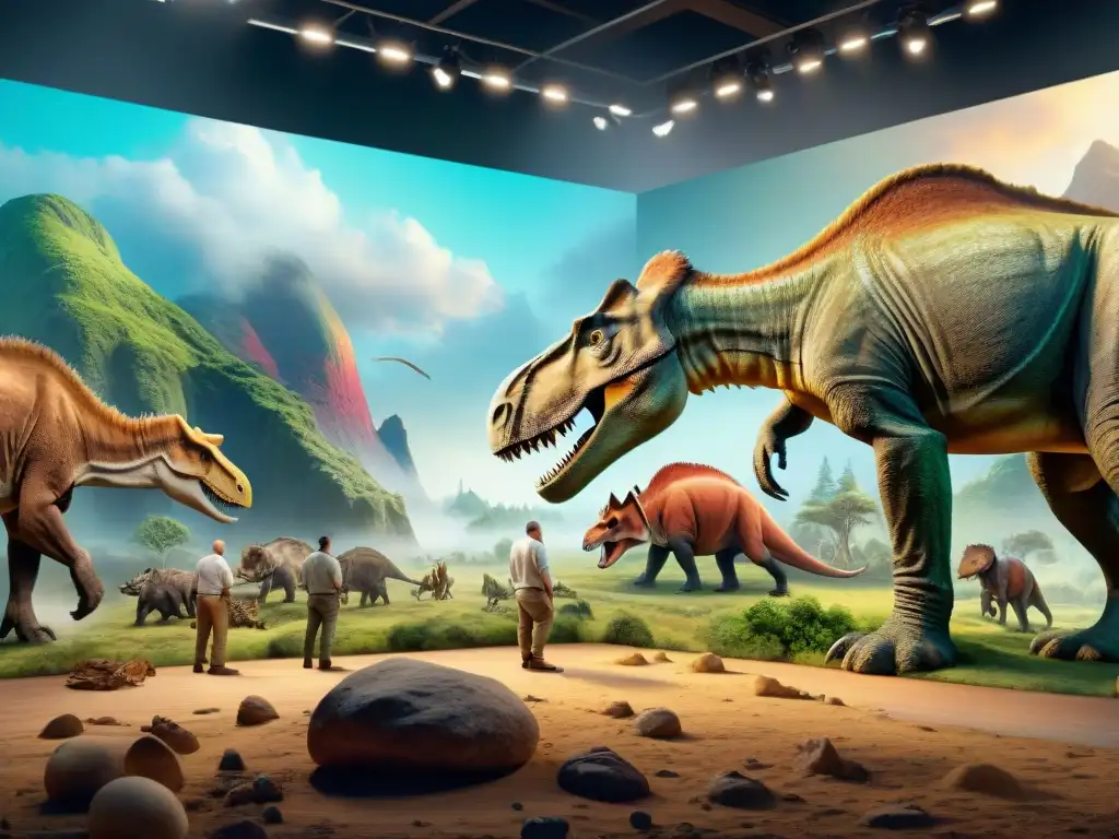 Paleoartistas crean escena prehistórica con tecnología avanzada Grupo de paleoartistas vanguardistas recreando escena prehistórica con tecnología avanzada y dedicación palpable, tendencias paleoarte próx
